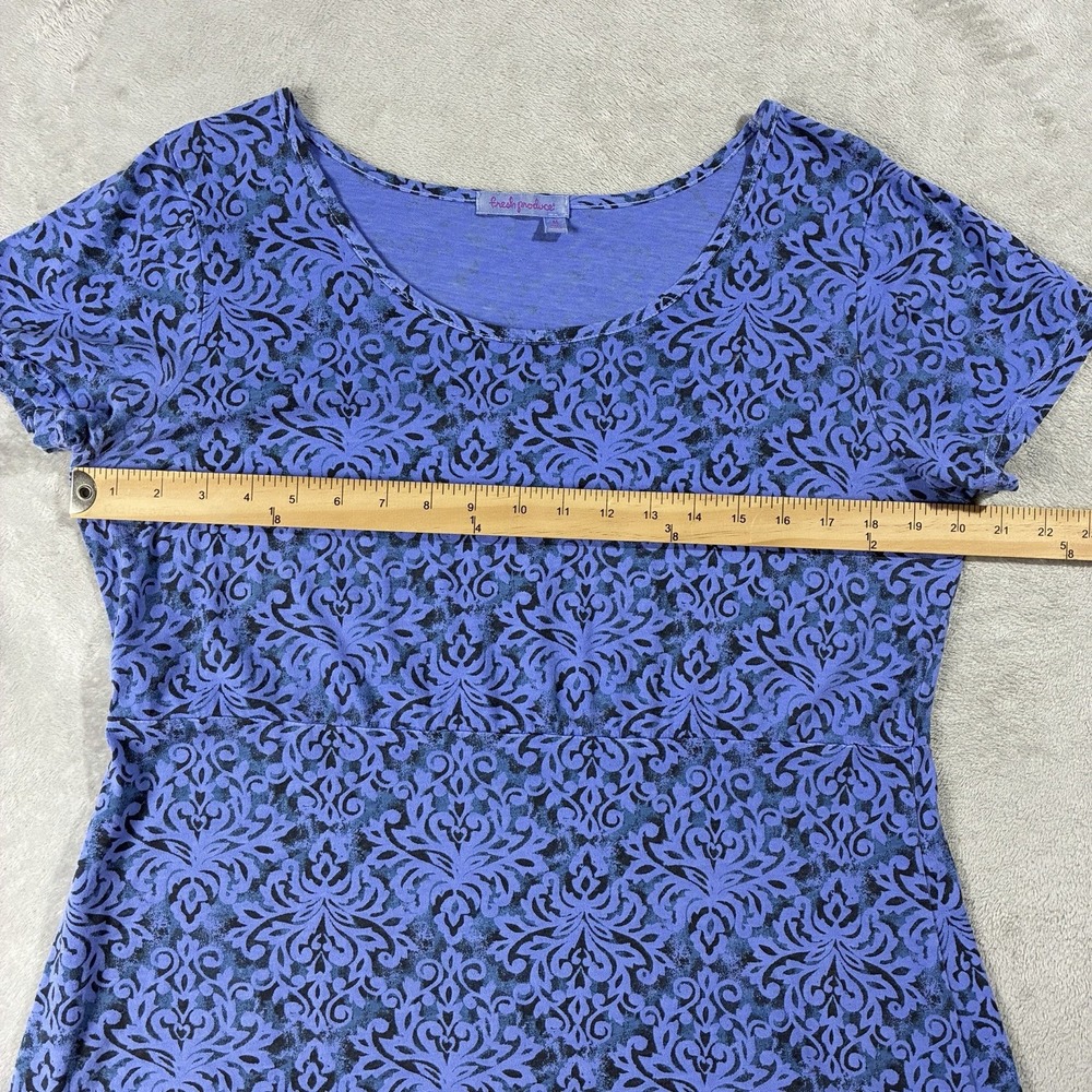 Fresh Produce Blue Damask-Print Short Sleeve A-line Cotton Dress Women M Coastal - Picture 6 of 9